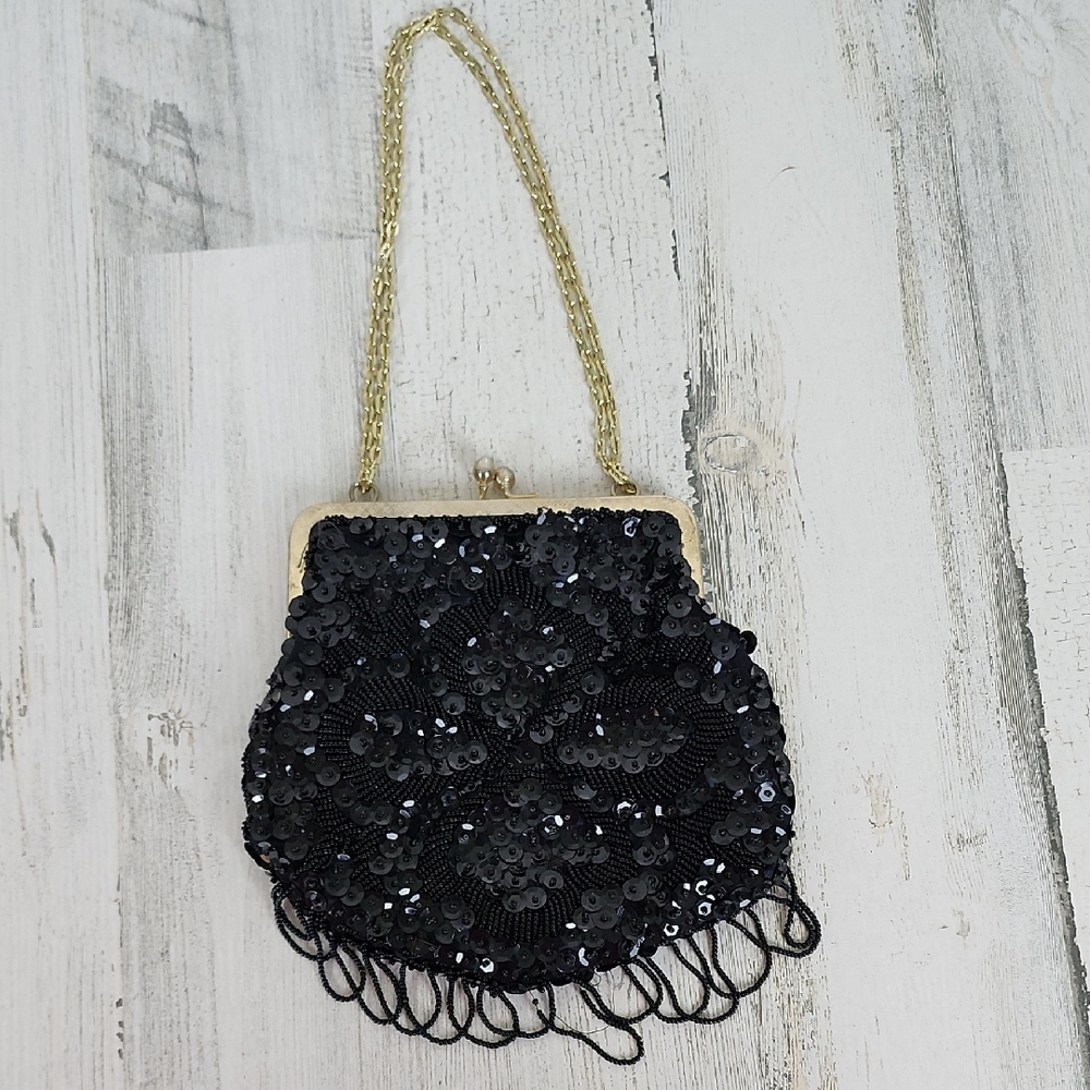 Vintage Fine Arts Bag Co Inc Elegant Black Sequin Evening Bag Made In Hong Kong